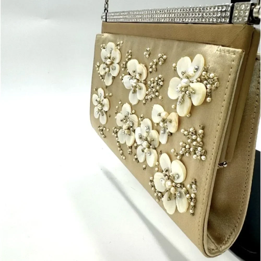 Auth Valentino Silk Floral Embroidered Crystal Framed Clutch Chain Evening Bag